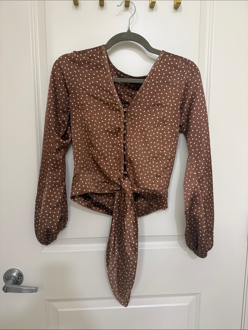 Abercrombie & Fitch Brown Polka Dot Tie-Front Long Sleeve Blouse